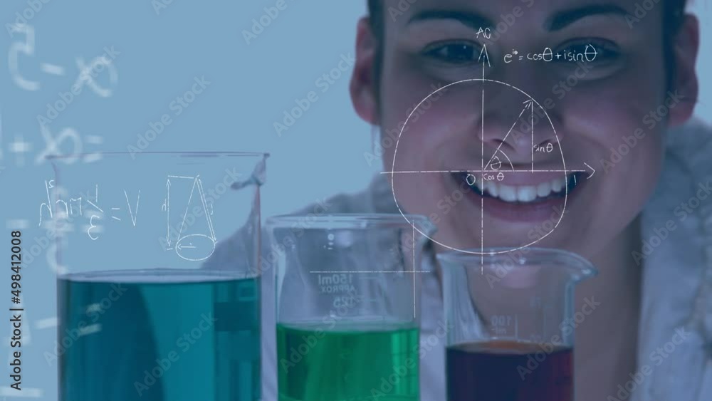 Poster animation of mathematical formulas over scientist in laboratory