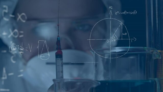 Animation of mathematical formulas over scientist in laboratory