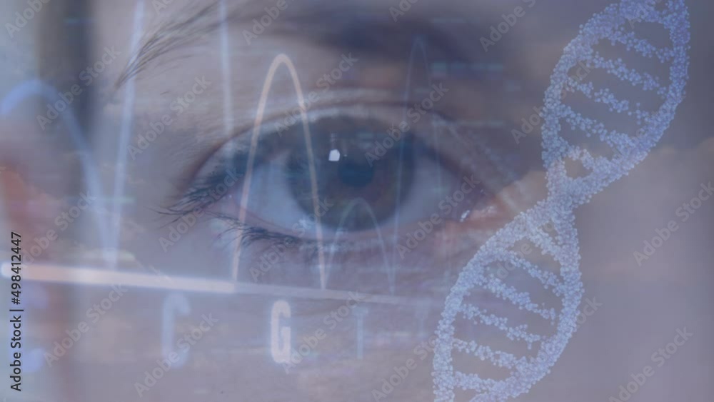 Poster animation of spinning dna string and data processing over women