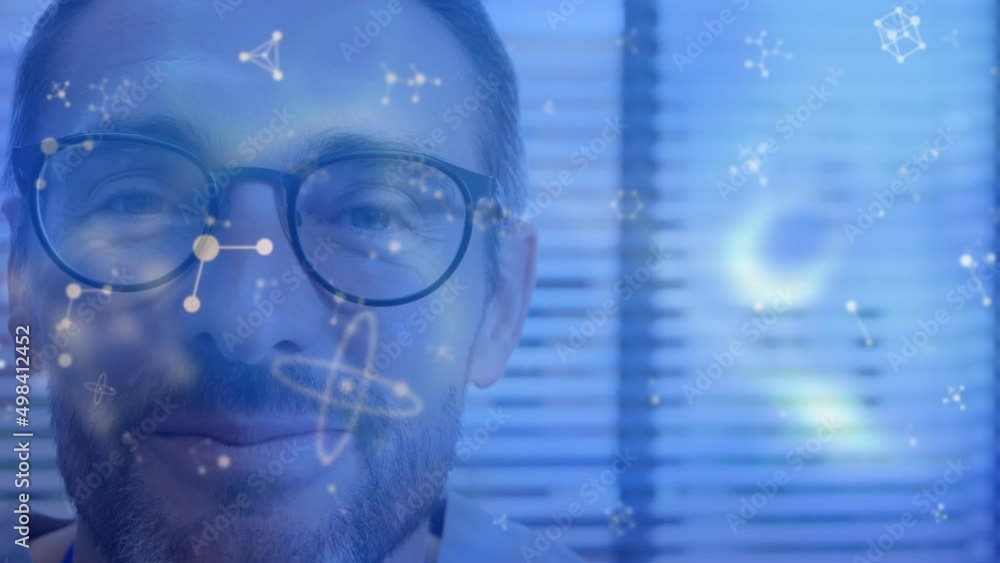 Poster animation of falling molecules and data processing over men