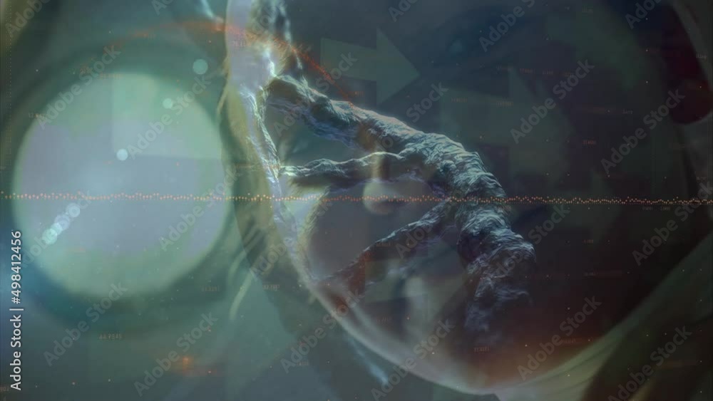 Poster animation of spinning dna string and data processing over women