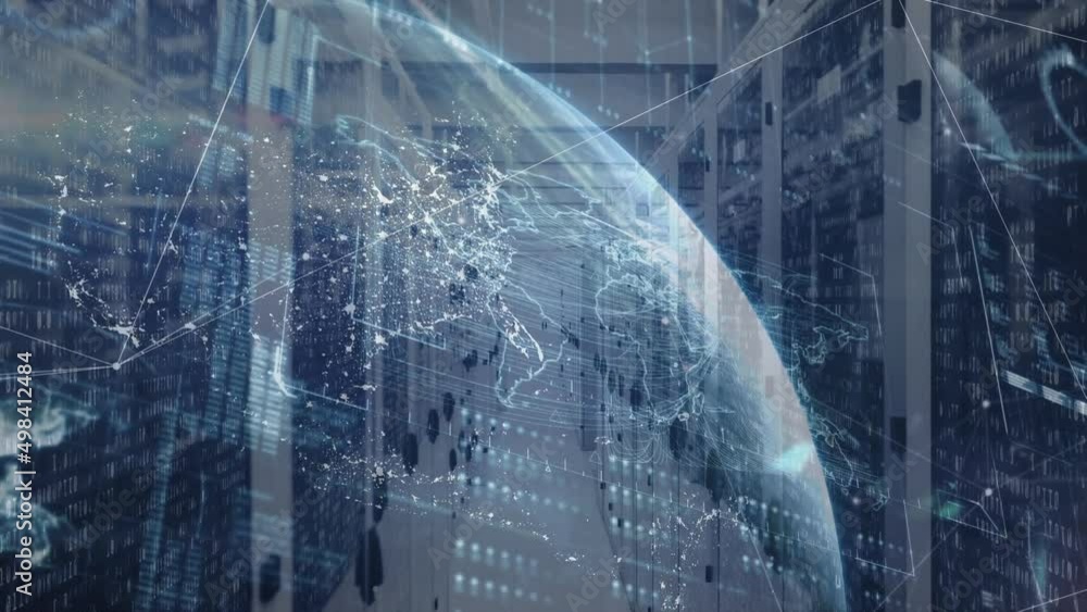 Poster animation of network of connections and globe over server room