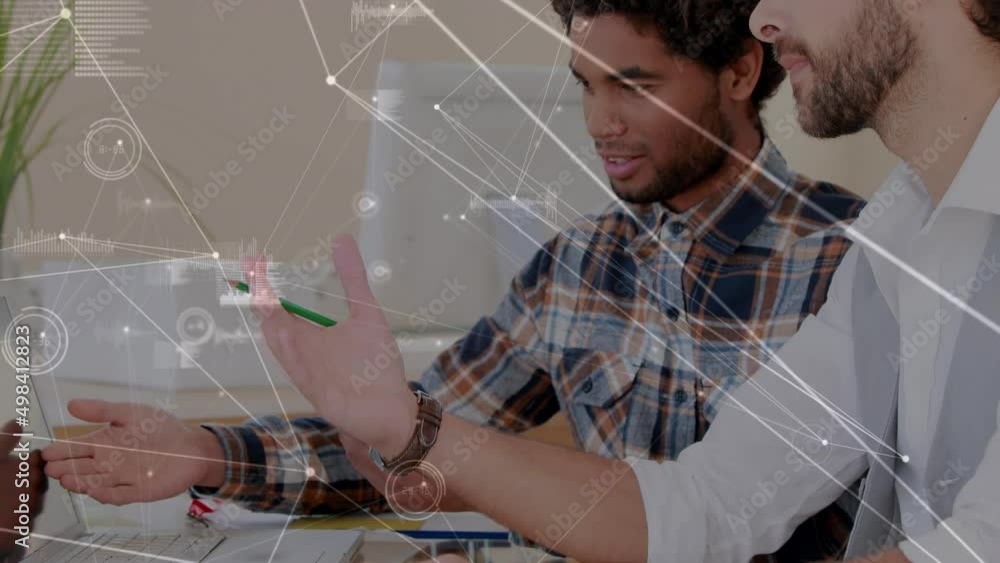 Aufkleber animation of network of connections and data processing over diverse business people