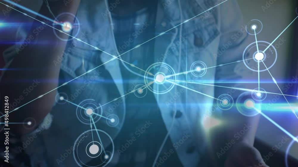 Aufkleber animation of network of connections over men using smartphone