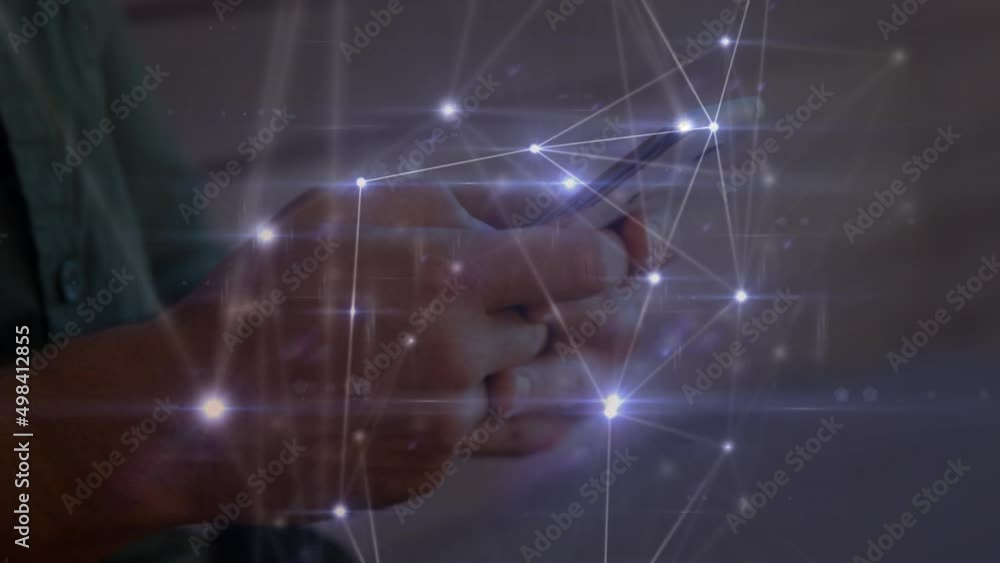 Poster animation of network of connections over men using smartphone