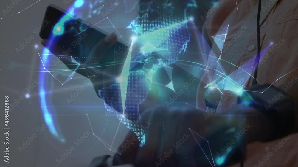 Poster animation of network of connections over men using smartphone