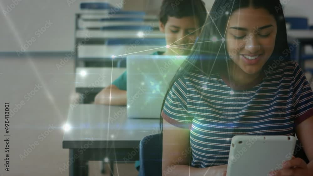 Poster animation of network of connections over happy diverse students using technology at school