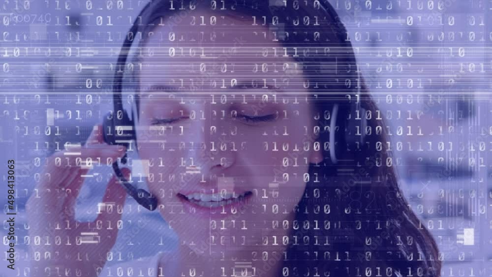Poster animation of binary coding and interference over biracial businesswoman wearing phone headset