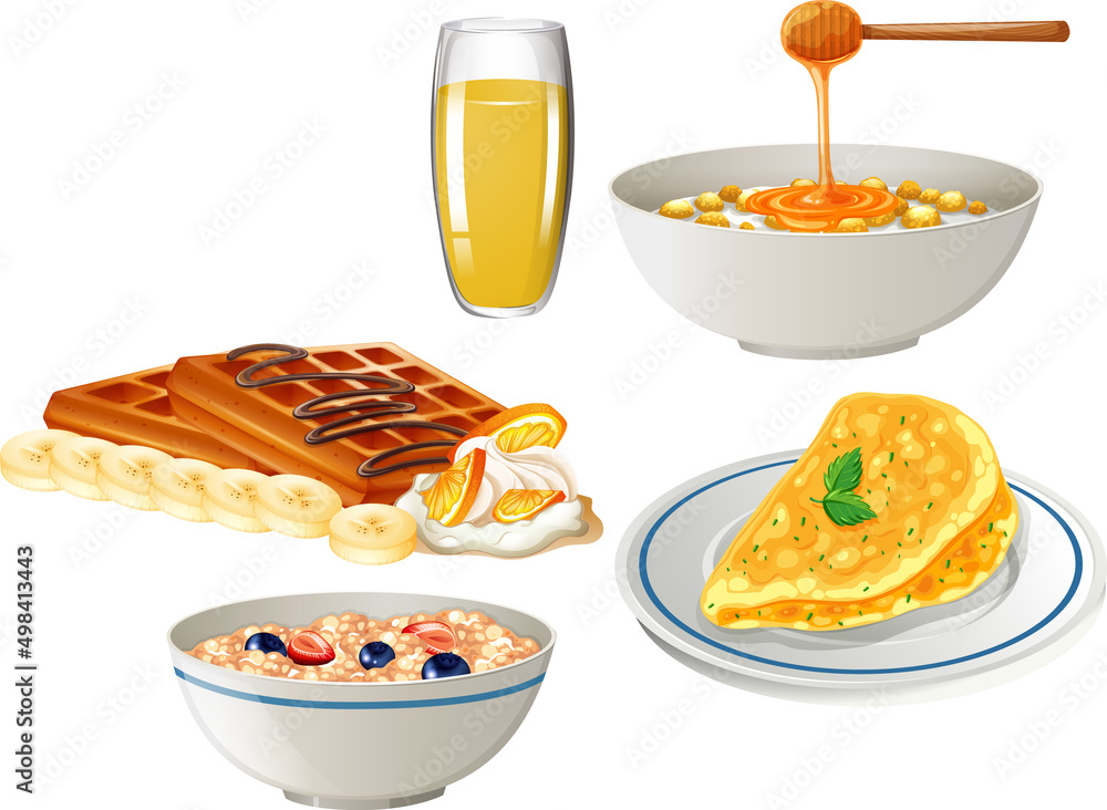 Canvas Prints Breakfast set with cereal and waffle and omelette