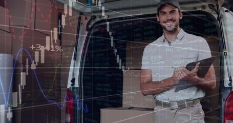 Animation of financial data and graphs over happy caucasian courier working in warehouse - Powered by Adobe