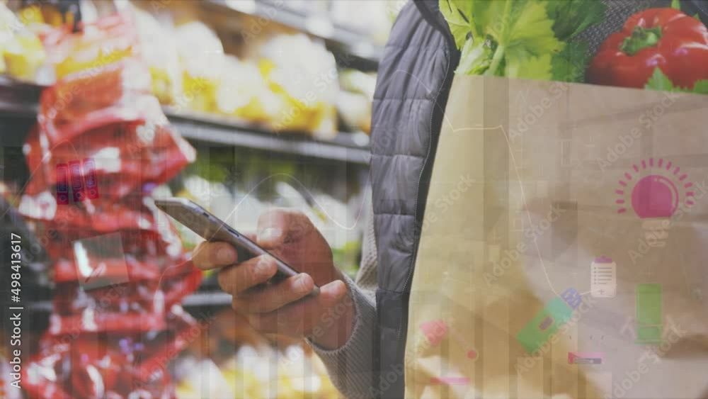 Poster animation of financial data over hands of caucasian man using smartphone while shopping at market