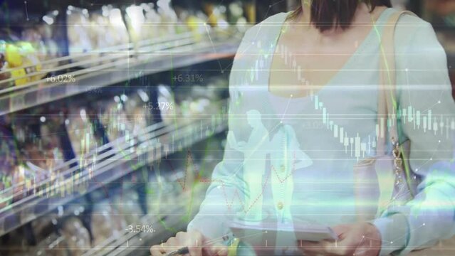 Animation of financial data over happy caucasian woman shopping at market