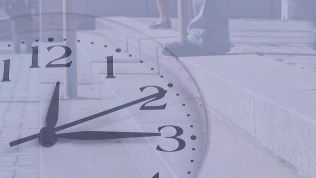 Animation of clock moving over people walking