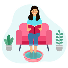 Female soaking feet in bowl filled with warm water at home or spa in flat design. Warming feet for relaxation concept vector illustration. Foot bath.