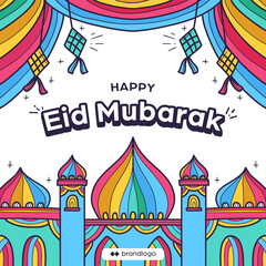 happy idul fitri eid mubarak islamic religion day greeting with colorful mosque illustration