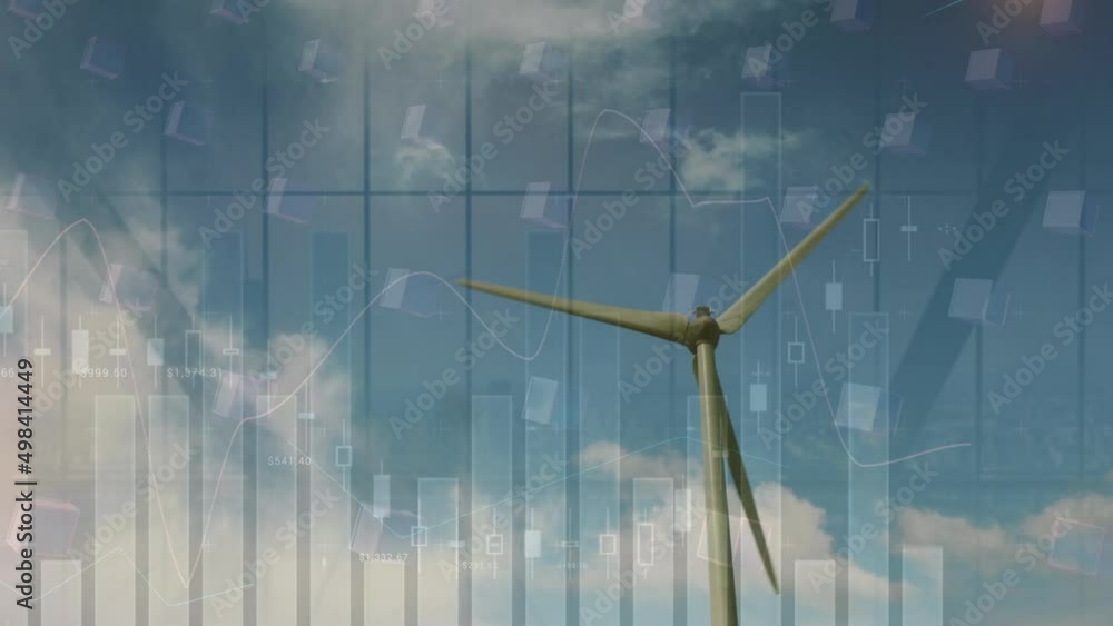 Aufkleber animation of data and graphs over wind turbine moving over sky with clouds
