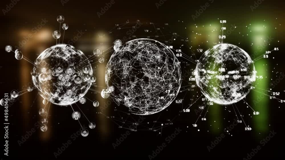 Poster animation of globes with numbers and icons over black background