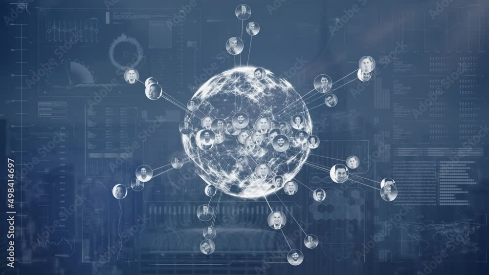 Poster Animation of globe with icons over data processing