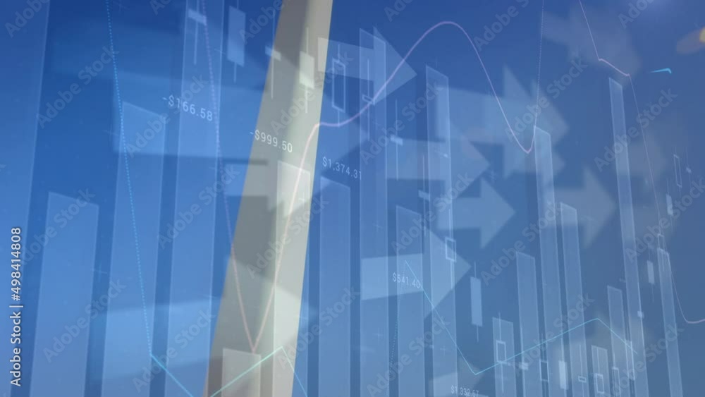 Aufkleber animation of arrows and graphs over wind turbine moving over sky with clouds