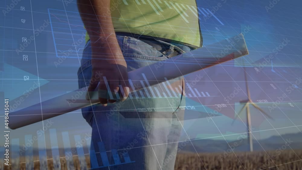 Poster animation of graphs over midsection of biracial engineer and wind turbine