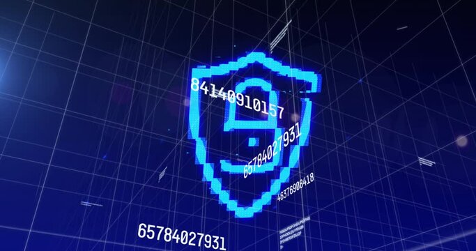 Animation of data processing over digital padlock and shield over blue space