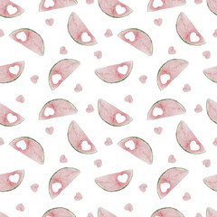 Watercolor seamless pattern with watermelon half circle pink slices on white with hearts. Summer template background with fruit for postcards and cards