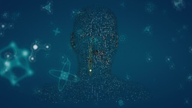 Animation of molecules floating over human head model and navy background