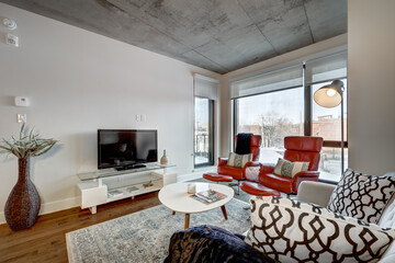 Modern luxury newly built staged furnished apartment in a condominium building in the heart of Montreal on Canal Lachine