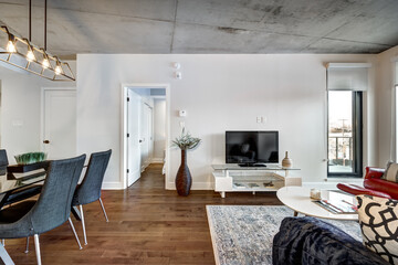 Modern luxury newly built staged furnished apartment in a condominium building in the heart of Montreal on Canal Lachine