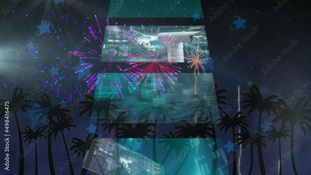 Wall mural star icons and fireworks exploding over multiple screens with data processing against palm trees