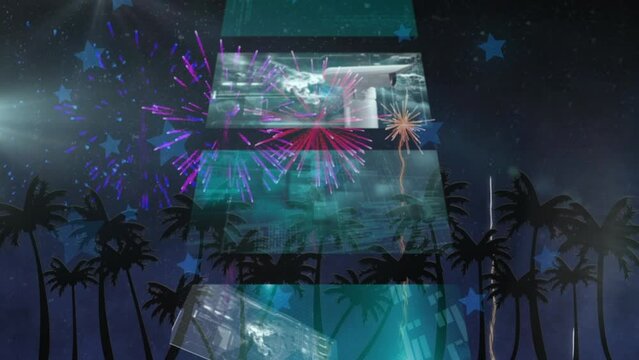 Star icons and fireworks exploding over multiple screens with data processing against palm trees