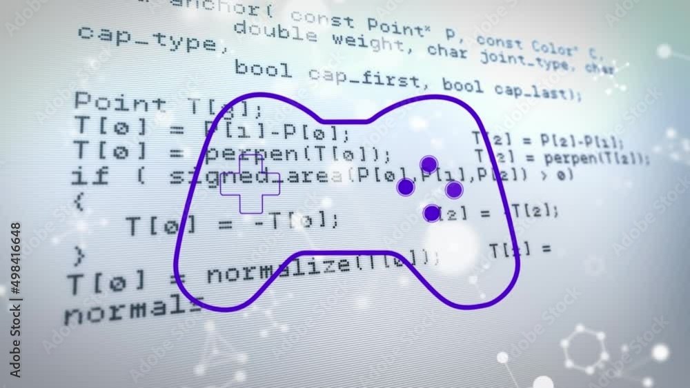 Poster animation of molecules and gaming pad over data processing on white background