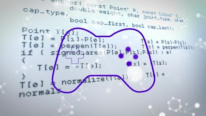 Animation of molecules and gaming pad over data processing on white background - Powered by Adobe
