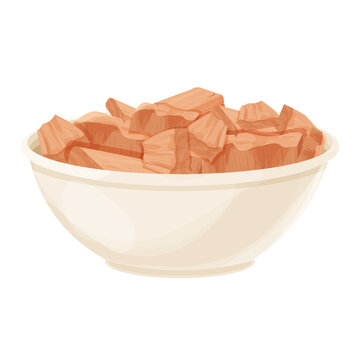 Sandalwood, chandan pieces in bowl ingredient in cartoon style isolated on white background. Dried wood, medical material.