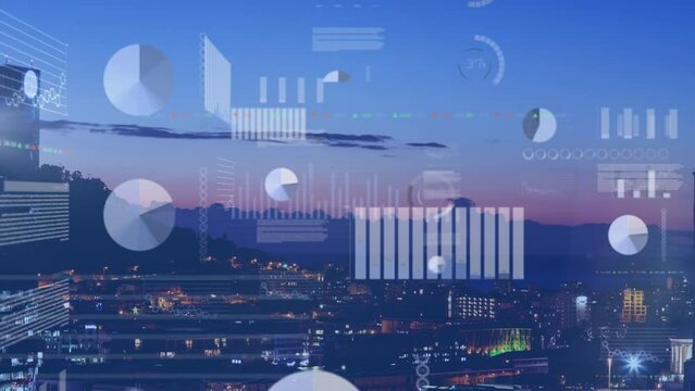Animation of diverse data and graphs over cityscape at sunset