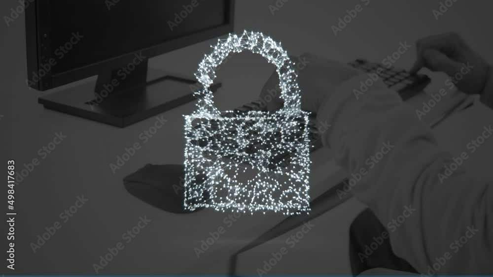 Poster Animation of digital padlock over computers in office
