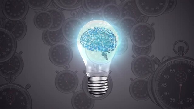Animation of bulb with brain over brown background with clocks