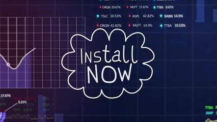 Animation of install now text and data processing on blue background - Powered by Adobe