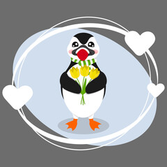 Cute puffin penguin with a bouquet of tulips