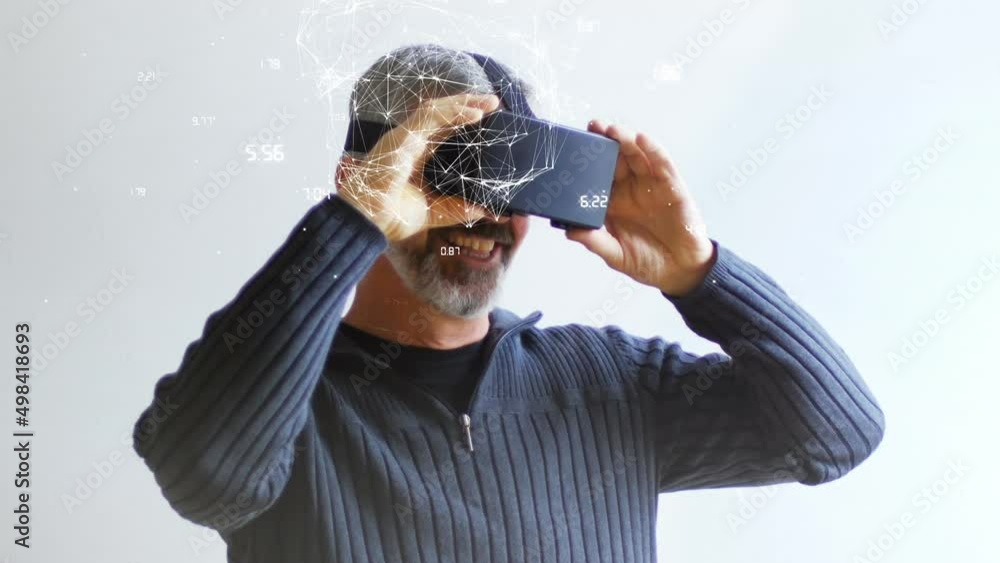 Poster animation of shape with numbers over smiling caucasian businessman using vr headset