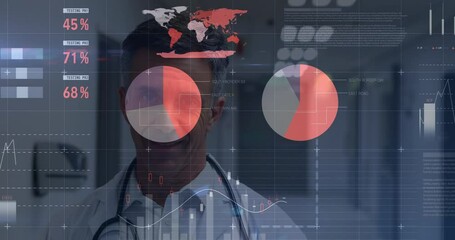Animation of financial data over happy senior caucasian male doctor - Powered by Adobe