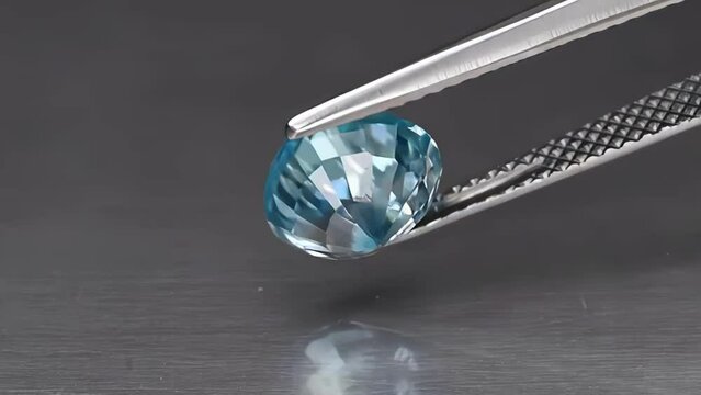 natural gemstone blue zircon heart cut in the tweezers