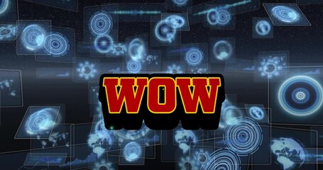 Animation of wow text and data processing on black background - Powered by Adobe