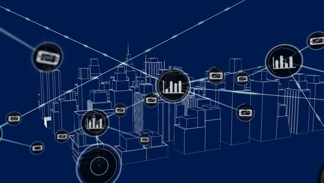 Animation of network of connections with icons over 3d architectural model