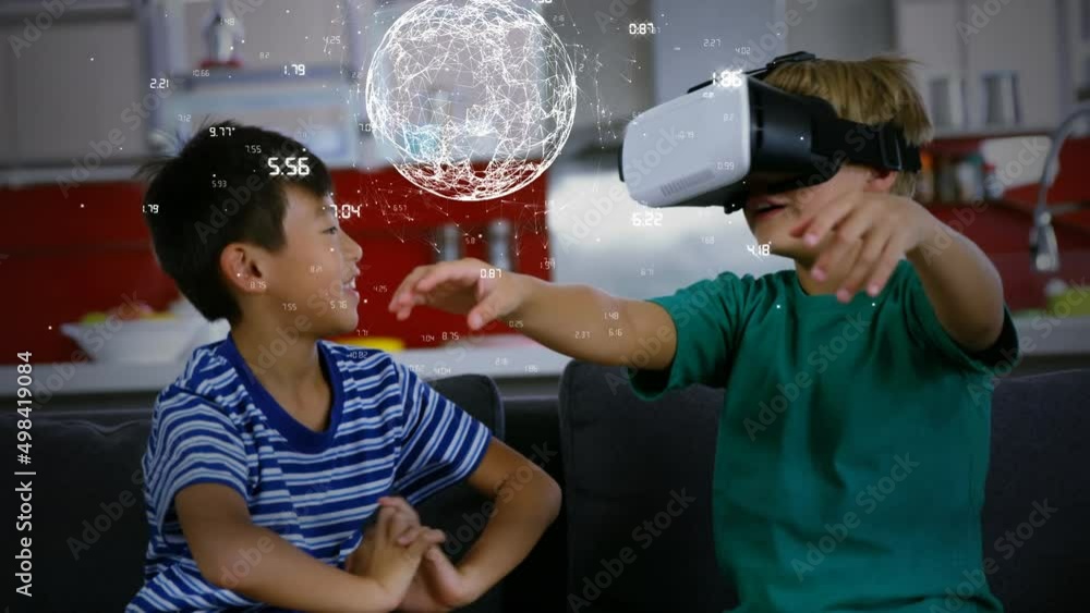 Poster animation of globe with numbers over smiling diverse boys using vr headset