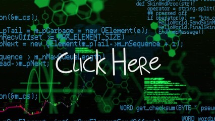 Animation of click here text and data processing on black background - Powered by Adobe