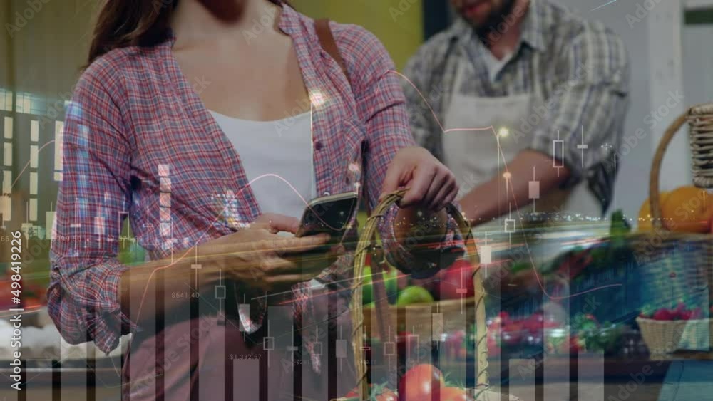 Poster animation of data processing over smiling caucasian woman using smartphone in shop