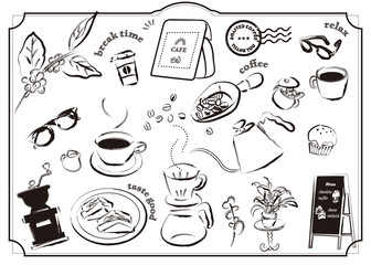 手描き線画のカフェ（コーヒー）モノクロイラストセット素材　珈琲／カップ／おしゃれ／スケッチ／シンプル