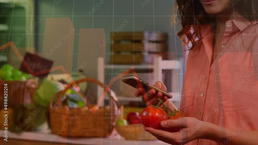 Poster animation of data processing over smiling caucasian woman using smartphone in shop