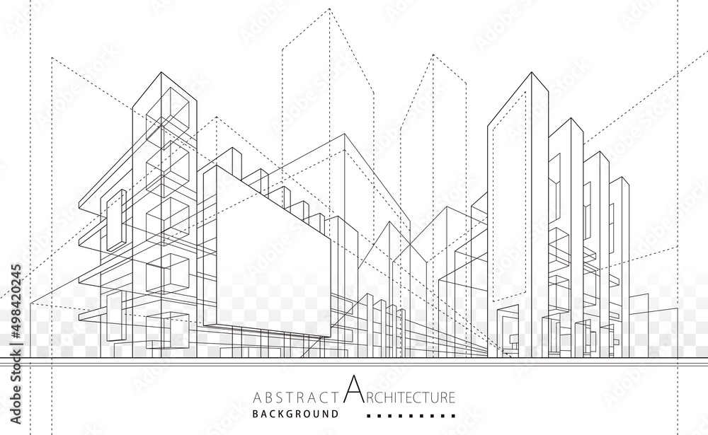 Poster 3D illustration linear drawing. Imagination architecture urban building design, architecture modern abstract background. 